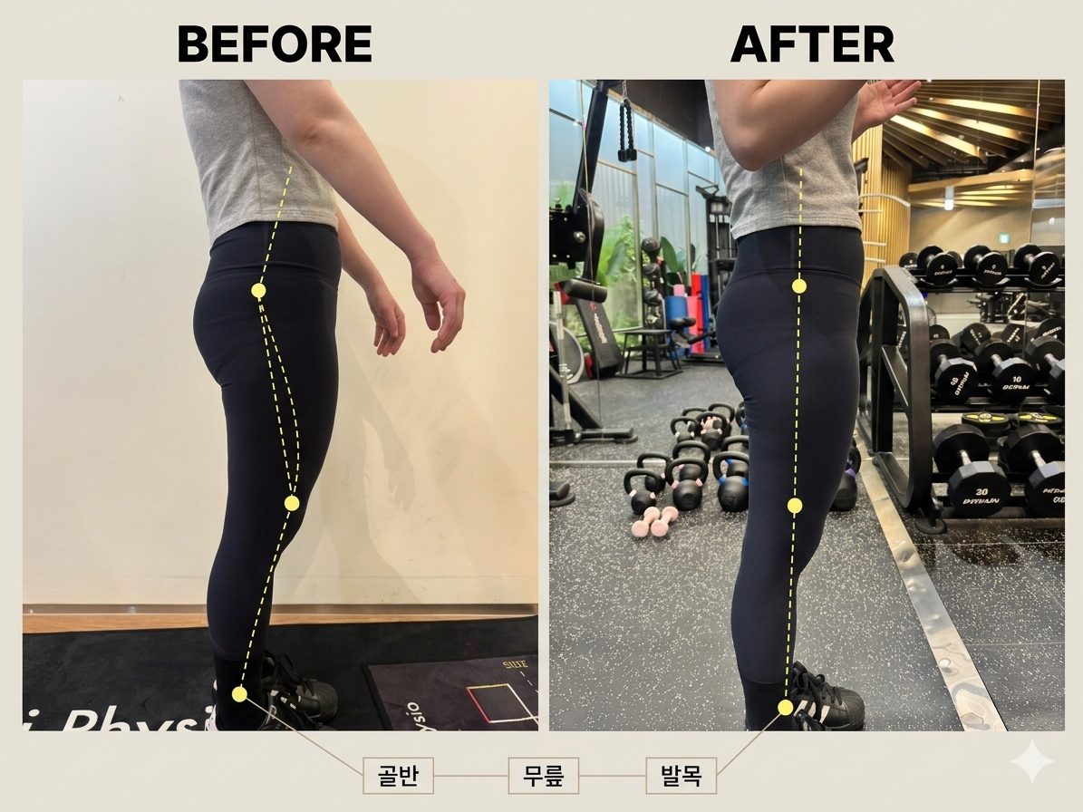 하체 정렬 전후 비교 — 골반·무릎·발목 기준선